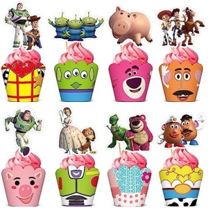 48 Pcs Toy Theme Birthday Party Supplies Favor, Cake Decorations Toy Cupcake Toppers and Toy Cupcake Wrappers Set with 24 Pcs Cupcake Toppers, 24 Pcs Cupcake Wrappers for Cartoons Video