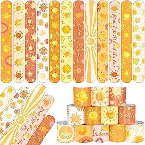 48PCS Boho Sun Party Favors Slap Bracelets Hippie Groovy Boho Sunshine First Trip Around the Sun Theme Birthday Party Decorations Supplies For Here Comes the Son Baby Shower Sun Party Supplies