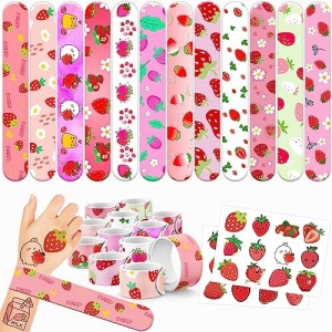 48Pcs Strawberry Party Favors 24Pcs Tattoos 24Pcs Slap Bracelets For Kids, Birthday Party Decorations Supplies, for Themed Berry First Girls Gifts Ideals Cute Classroom School Prizes Weeding Game