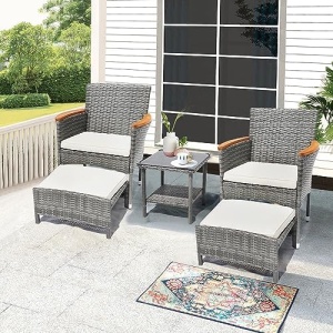 5 Piece Outdoor Patio Furniture Set Clearance with Table & Ottoman PE Rattan Outdoor Furniture Patio Set Bistro Wicker Patio Set of 2 Outside Lawn Chairs Conversation Sets For Porch Balcony Pool Deck
