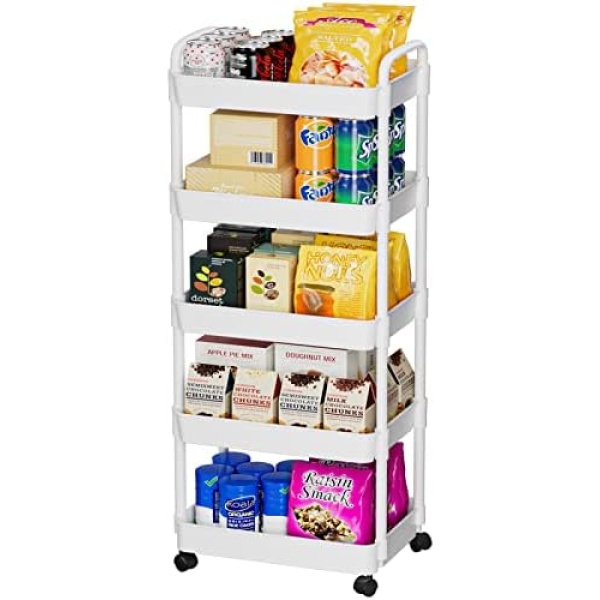 5-Tier Rolling Cart, Utility Cart with Lockable Wheels, Storage Cart,Craft cart,Easy Assemble for Kitchen,Bathroom,Laundry,Dorm Room,Storage Organizer as Art, Snack lash Book Diaper Book Cart White