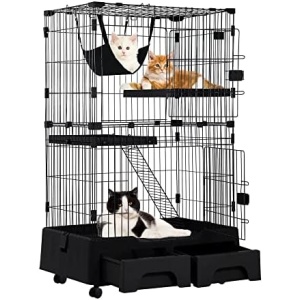 52'' Large Cat Cage with Wheels, Cat Enclosure Perching Shelves Cat Crate Cat Kennel with Cat Hammock/2 Cat Bed/2 Front Doors/Ramp Ladder/Cat Litter Box/Storage Case, Safe Locking Mechanism