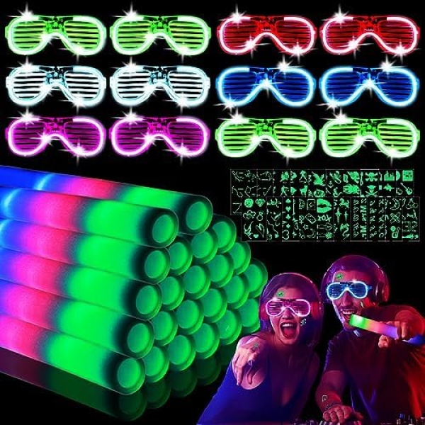56PCS Glow in The Dark Party Supplies, Halloween Party Favors -24PCS 16" Foam Glow Sticks, 12PCS LED Glasses and 20PCS Glow Stickers for Glow Party, Wedding, Concert, Carnival, Birthday, Photo Props