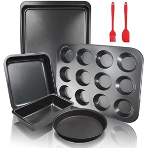 5Pcs FLMOUTN Non-Stick Carbon Steel Oven Bakeware Baking Tray Set with Bread Pan, Cookie Sheet, Pizza Pan, Cake Pan and Muffin/Cupcake Pan for Cooking