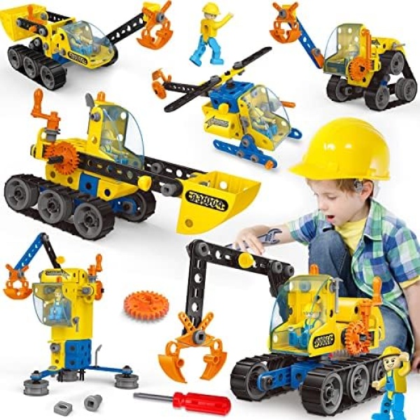 6 In 1 STEM Building Toys for 5 6 7 8 9 + Year Old Boys Girl Gift Stem Project Activities Kit for kid Age 5-7 6-8-12 Educational Autism Robotic Toy Learning Game Excavator Engineering Construction Set