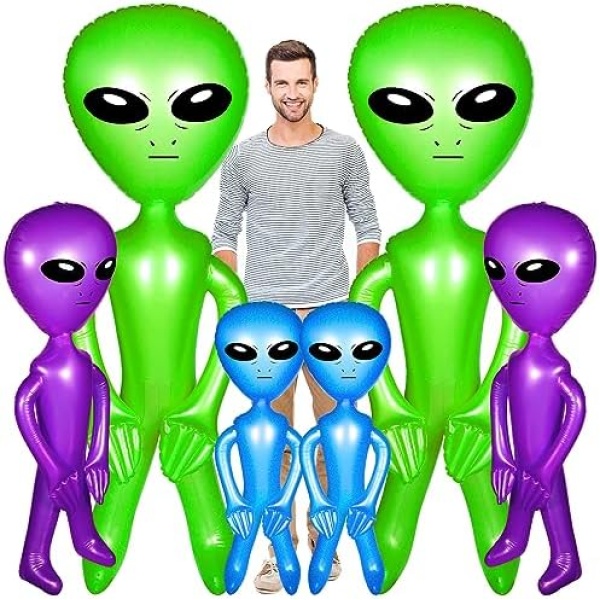 6 Pcs Blow Up Alien Inflatable Balloons Alien Birthday Party Decorations Alien Inflate Jumbo Toy for Halloween, Alien Theme Party, 63 Inch, 31.5 Inch, 23.6 Inch (Green, Purple, Blue)