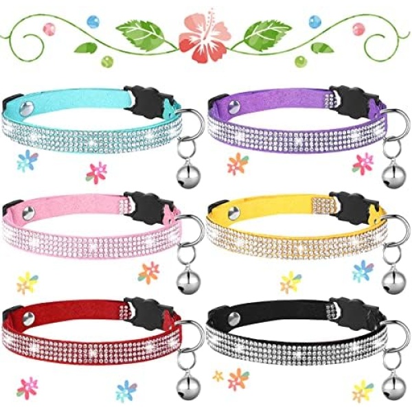 6 Pcs Rhinestones Cat Collar Breakaway Bling Diamond Cat Collar for Girl Boy Cats Collar with Bell Soft Velvet Adjustable Safety Shine Collar for Cat Puppy (Lovely Color, 7.9-9.8 inch)