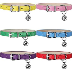 6 Pieces Leather Pet Cat Collars with Bell Soft Adjustable Leather Kitten Collars Cute Pet Collars for Small Cat Kitten Puppy (Bright Color)