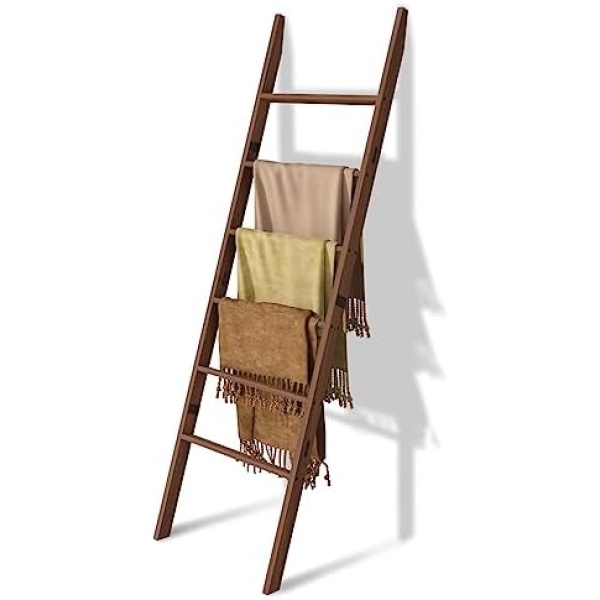 6-Tier Blanket Ladder Wooden, 5.7FT(66.5'') Blanket Quilt Towel Holder Rack Decorative Ladder, Easy Assembly, Rustic Farmhouse Ladder Shelf for The Living Room Bedroom Bathroom Home Decor, Brown