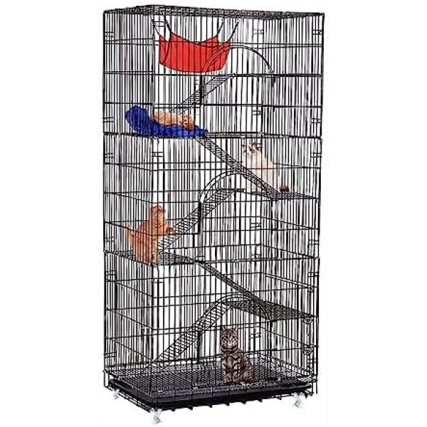 6-Tier Cat Cage, Extra Large Thickened Iron Wire Movable 360 Degree Swivel Bolt Removable Ramp Design 3 Doors Cat Kennels Playpen Crate Cats House Pet Enclosure Black
