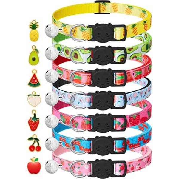 7 Pack Breakaway Cat Collars with Bells & Fruit Pendants,Safety Kitten Collar,Adjustable,Ideal for Girl Cats Boy Male Cats Pet Supplies,Accessories,Gifts