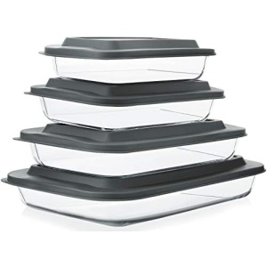 8-Piece Deep Glass Baking Dish Set with Plastic lids,Rectangular Glass Bakeware Set with BPA Free Lids, Baking Pans for Lasagna, Leftovers, Cooking, Kitchen, Freezer-to-Oven and Dishwasher, Gray
