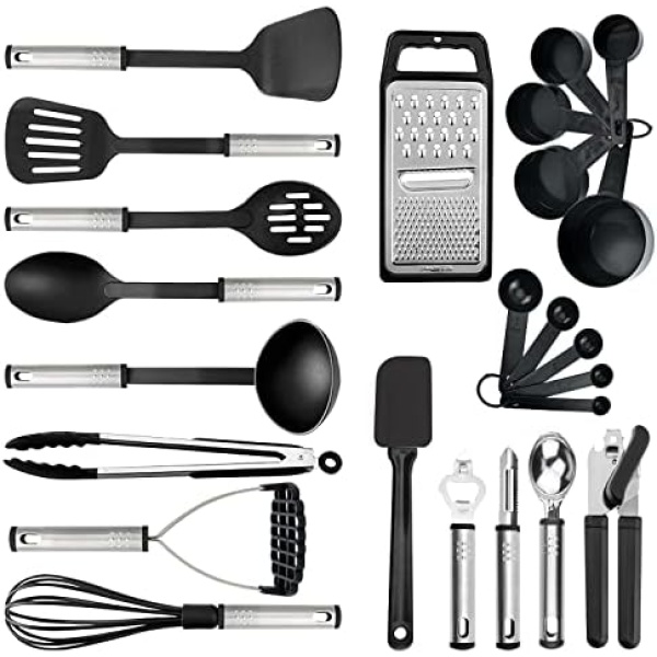 ADOSON Kitchen Utensil Set, 24 Cooking Utensils Set, Nylon and Stainless Kitchen Utensils, Non-Stick and Heat Resistant, Kitchen Cooking Utensils Gadgets Cookware Set, Baking, Frying