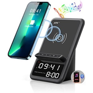 AFK Wireless Charging Station with Bluetooth Speaker and Alarm Clock, 4 in 1 Wireless Charger Compatible with iPhone 14 13 12 11 Pro Max Series,Samsung Series and Other Android Phones(Black)