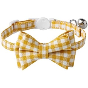 AIITLE Breakaway Cat Collar with Cute Bow Tie and Bell, Detachable Adjustable Safety Collars for Girl Cats and Boy Cats, Kittens, Puppy, Soft Stylish Plaid Patterns Cat Collars,Yellow