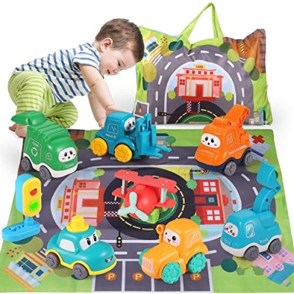 ALASOU 8 PCS Baby Truck Car Toys with Playmat/Storage Bag|Baby Toys for 1 2 3 Year Old Boy|1 2 Year Old Boy Birthday Gift for Infant Toddlers|First Birthday Gifts for Toddler Toys Age 1-2