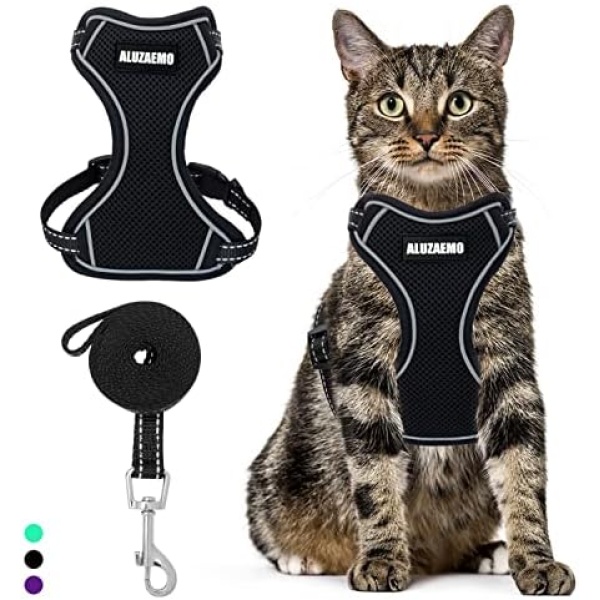 ALUZAEMO Cat Harness and Leash Set - Escape Proof Cat Vest Harness for Walking Travel Outdoor - Reflective Adjustable Soft Mesh Breathable Cat Body Harness for Small Medium Large Cat