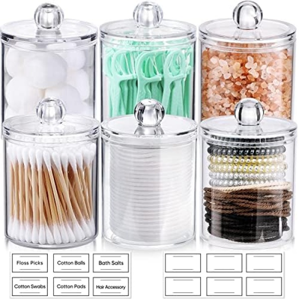 AOZITA 6 Pack Qtip Holder Dispenser for Cotton Ball, Cotton Swab, Cotton Round Pads, Floss - 10 oz Clear Plastic Apothecary Jar Set for Bathroom Canister Storage Organization, Vanity Makeup Organizer