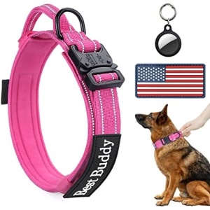 AUBELL Reflective Dog Collar, Tactical Dog Collar for Medium Dogs, Heavy Duty Dog Collars with Handle and Metal Buckle Great for Female Dogs Training, with Airtag case and 2 Patches(Hot Pink, L)