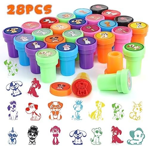 AhmeRah 28Pcs Dog Themed Stampers for Kids Cartoon Party Favors Decorations Supplies Cute Dog Kids Stampers Classroom Rewards Prizes Goody Bag Treat Bag Stuffers for Kid Birthday Party Gifts