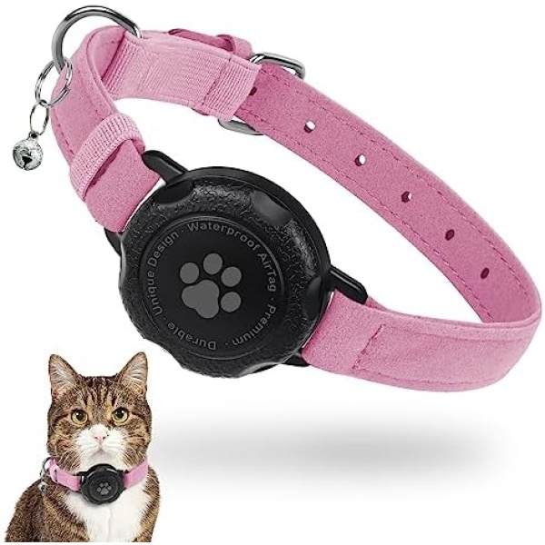AirTag Cat Collar, 100% Waterproof AirTag Holder Integrated Air Tag Cat Collars, Soft GPS Cat Collar with Apple Air Tag Case & Bell for Girl Boy Cats, Kittens and Puppies (Pink, XS)