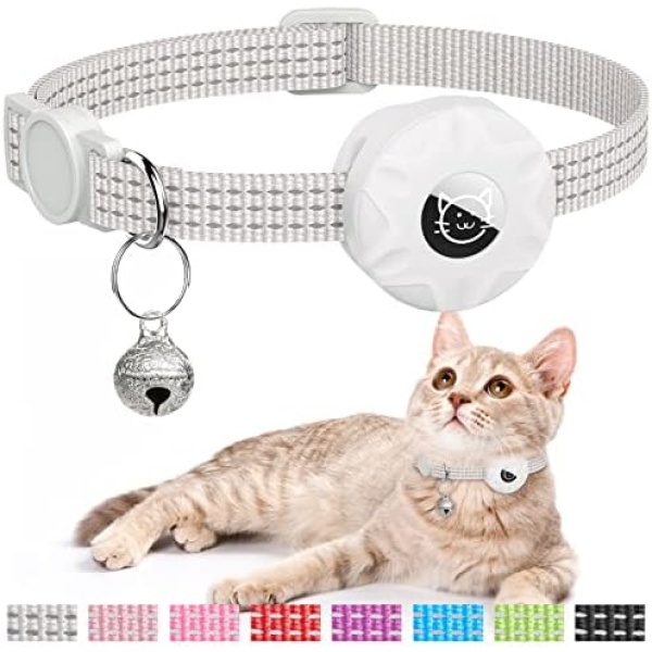 AirTag Cat Collar, Reflective Kitten Collar Breakaway Apple Air Tag Cat Collar, GPS Cat Collar with AirTag Holder and Bell, Lightweight Tracker Cat Collars for Girl Boy Cats Kittens Puppies (White)