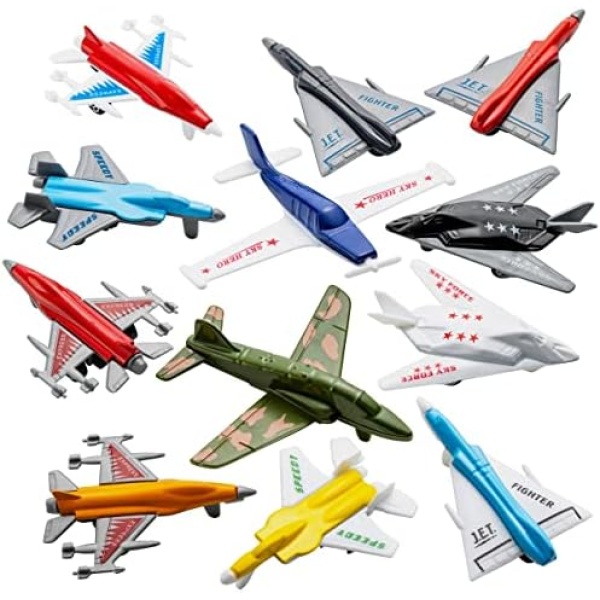 Airplane Toys - 12 Pack Vehicle Aircraft Plane Playset, Includes Styles of Bomber, Military, F-16 Fighter Jets, for Birthday Party Favor Toys, for Kids Boys and Girls (Styles May Very)