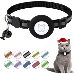 Airtag Cat Collar, Air tag Cat Collar with Bell and Safety Buckle in 3/8" Width, Reflective Collar with Waterproof Airtag Holder Compatible with Apple Airtag for Cat Dog Kitten Puppy (Black)
