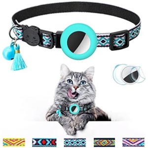 Airtag Cat Collar with Bell Adjustable Breakaway Kitten Collars:- Safety Buckle and Silicone Air Tag Holder Case Compatible with Apple Airtag Geometric Pattern Pet Collar (Light Blue)