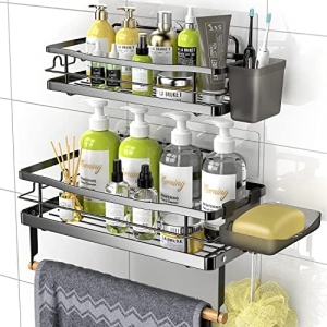 Aitatty Shower Caddy Shelf Organizer Rack: Self Adhesive Black Bathroom Shelves - Rustproof No-Drilling Stainless Steel Shower Storage for Inside Shower
