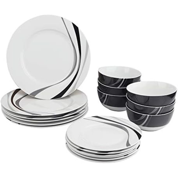 Amazon Basics 18-Piece Kitchen Dinnerware Set, Plates, Dishes, Bowls, Service for 6, Swirl