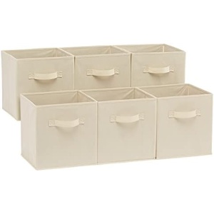 Amazon Basics Collapsible Fabric Storage Cubes Organizer with Handles, 10.5"x10.5"x11", Beige - Pack of 6