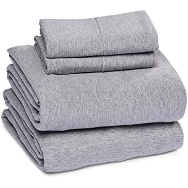 Amazon Basics Cotton Jersey 4-Piece Bed Sheet Set, Full, Light Gray, Solid