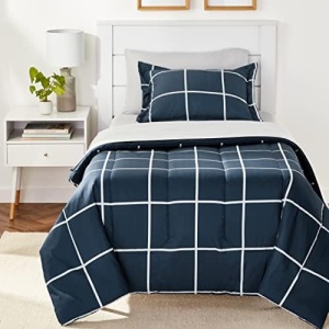 Amazon Basics Lightweight Microfiber Bed-in-a-Bag Comforter 5-Piece Bedding Set, Twin/Twin XL, Navy with Simple Plaid