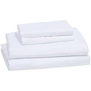Amazon Basics Lightweight Super Soft Easy Care Microfiber 4-Piece Bed Sheet Set with 14-Inch Deep Pockets, Queen, Bright White, Solid