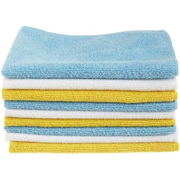 Amazon Basics Microfiber Cleaning Cloth, Non-Abrasive, Reusable and Washable, Pack of 24, Blue/White/Yellow, 16" x 12"