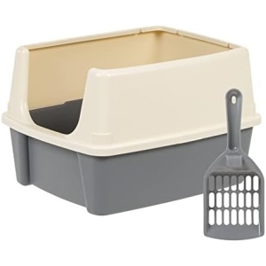 Amazon Basics Tall Open Top Cat Litter Box with High Sides and Scoop, 19 x 15 x 11.75 inches, Grey/Beige