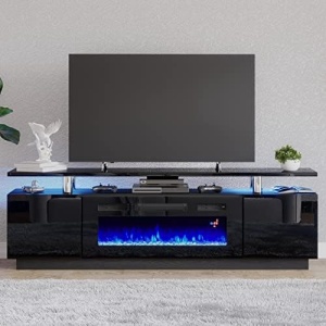 Amerlife TV Stand with 36in Fireplace, 70in Modern High Gloss Entertainment Center LED Lights, 2 Tier Console Cabinet for TVs Up to 80in, Black