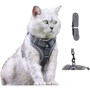 Amogato Cat Harness and Leash Set-Outdoor Walking Escape Safety Cat Vest, Adjustable Soft Kitty Vest, with Cat Reflective Strip, L,Grey