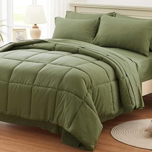 Anluoer Queen Size Bed in a Bag 7 Pieces, Olive Green Bed Comforter Set with Comforter and Sheets, All Season Bedding Sets with 1 Comforter,2 Pillow Shams,2 Pillowcases, 1 Flat Sheet,1 Fitted Sheet