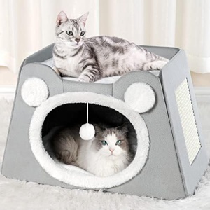 Aomas Cat Bed House for Indoor Cats, Ultra Soft Plush Cat Cave with Playful Space for Pets Sleeping, Playing, Climbing and Hiding, Large Cat Hideaway with Scratch Pad, Portable Collapsible Cat Tent.