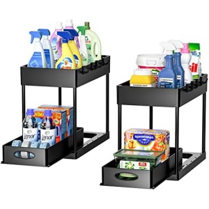 Appolab 2 Pack Under Sink Organizer, 2-Tier Sliding Cabinet Basket Organizer Drawers, Under Sink Organizers and Storage Bathroom Kitchen Cabinet Organizer with Hooks The Bottom Drawers Can Be Slid Out