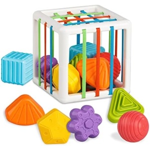 Aprilwolf Montessori Toys for 1 Year Old, Storage Cube Bin & 6 Sensory Shape Blocks, Baby Toys 6-12-18 Months, Developmental Toys, Fine Motor Skills, Infant Birthday Gifts Toddler Boy Girl Age 1 2 3