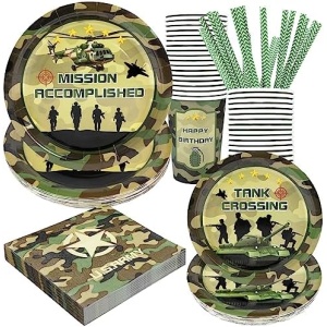 Army Birthday Party Supplies Decorations, Camo Theme Birthday Paper Plates and Napkins Set with Cups and Straws for 24 Guests, 120 Pcs Disposable Party Dessert Dinnerwares