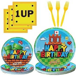 Artvason Super Brother Party Tableware Supplies 64pcs Video Games Set Including 32 pcs Plates, 16 pcs Forks and 16 pcs Napkins, Super Brother Theme Party Baby Shower Birthday Decorations