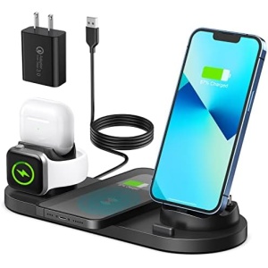 Atrden [Multi-Function Wireless Charging Station] 6 in 1, 15W Fast Wireless Charger for iPhone 14/13/12/11 Series, iWatch 7/6/5/4/3, AirPods and Smartphones (Black)