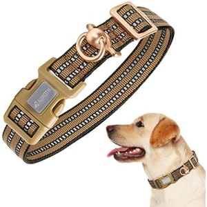 Auroth Dog Collar for Medium Large Dogs, Reflective Dog Collar, Soft Nylon Adjustable Dog Collars with Heavy Duty Metal D Ring Tangle Free (Large:15.7"-27.1", Army Yellow)