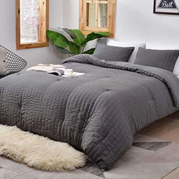 AveLom Seersucker Full Comforter Set (80x90 inches), 3 Pieces - 100% Soft Washed Microfiber Lightweight Comforter with 2 Pillowcases, All Season Down Alternative Comforter Set for Bedding, Gray