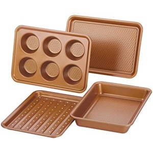 Ayesha Curry Nonstick Bakeware Toaster Oven Set with Nonstick Baking Pan, Cookie Sheet / Baking Sheet and Muffin Pan / Cupcake Pan - 4 Piece, Copper Brown