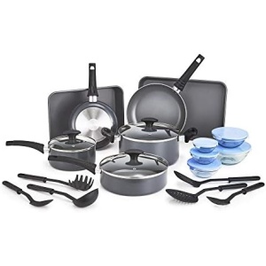 BELLA Nonstick Cookware Set with Glass Lids - Aluminum Bakeware, Pots and Pans, Storage Bowls & Utensils, Compatible with All Stovetops, 21 Piece, Black